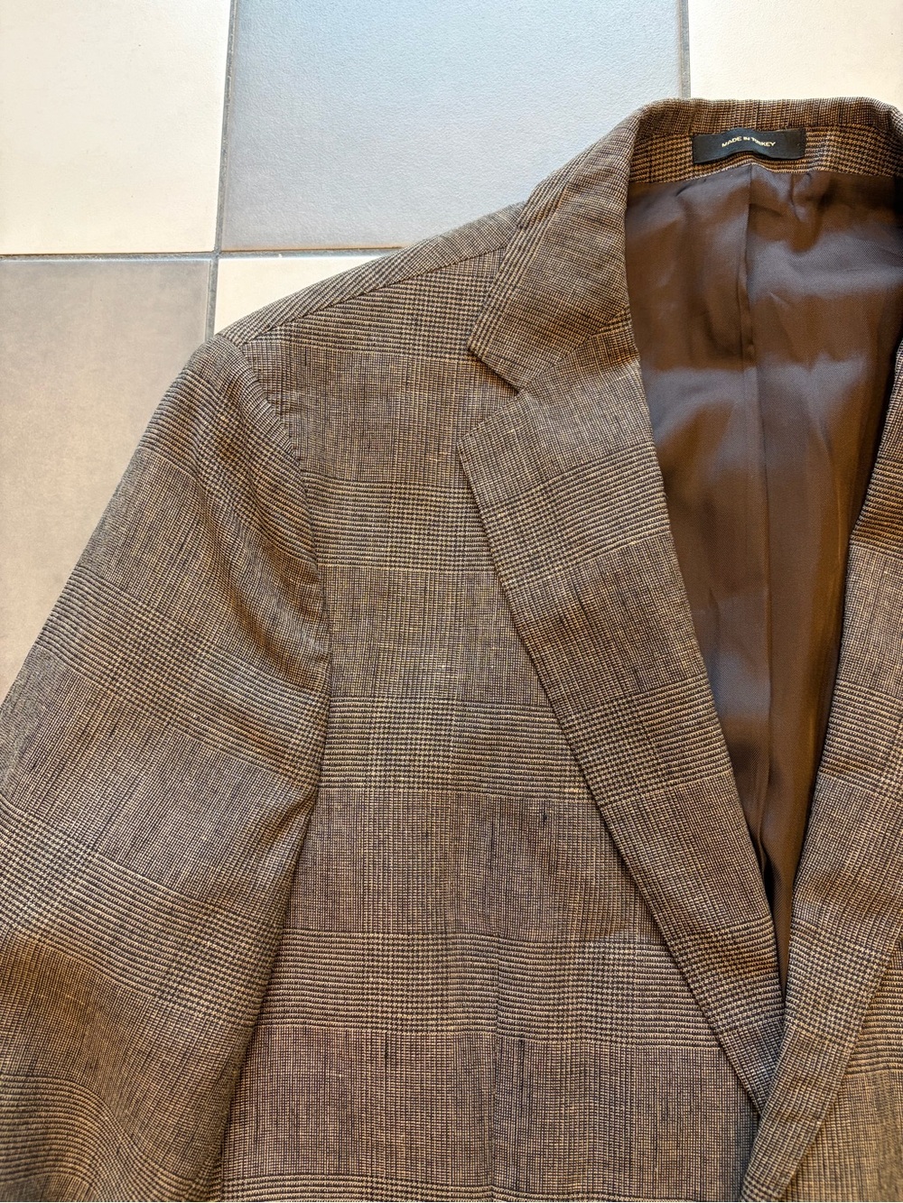 Massimo Dutti Brown Glen Plaid Wool Linen Blazer